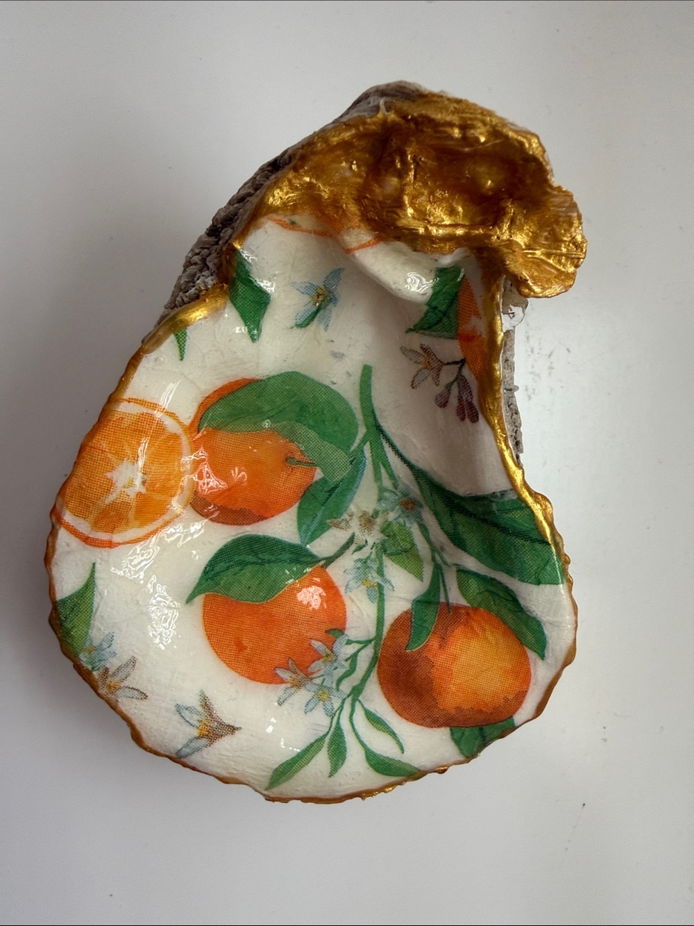Handmade Decorative Gold and Orange Oyster Shell Dish with Stand